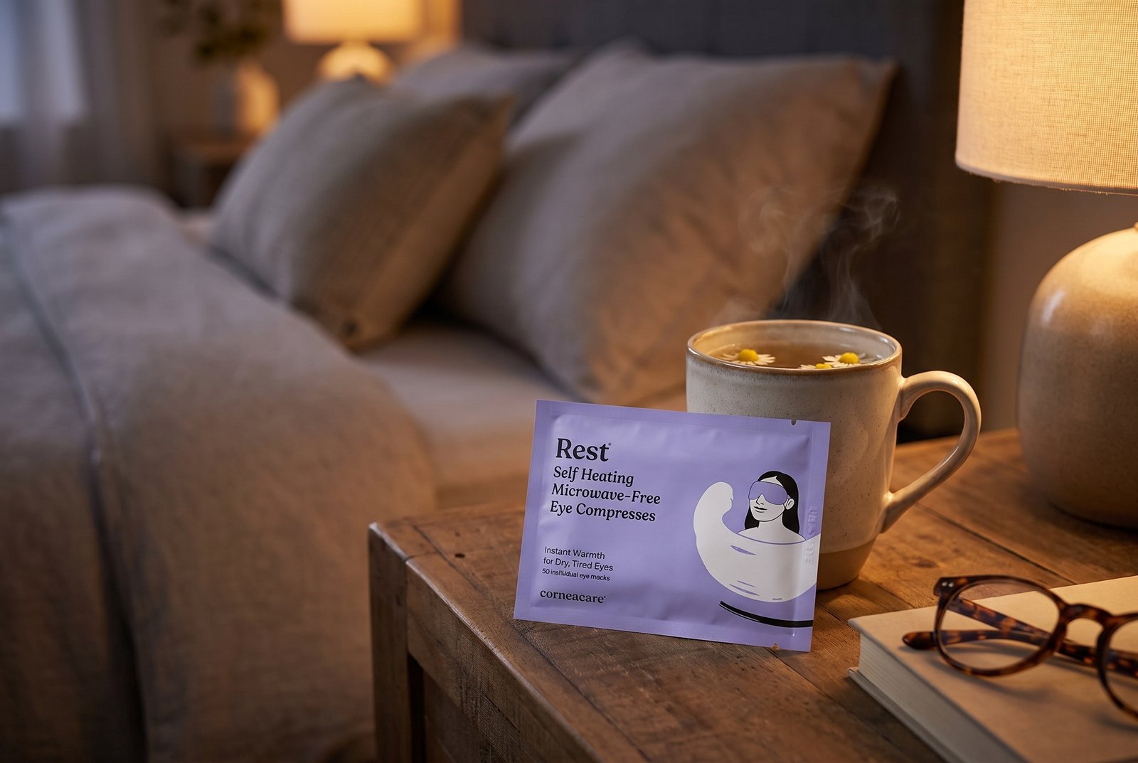 CorneaCare Rest self-heating warm eye compress on a bedside table with chamomile tea