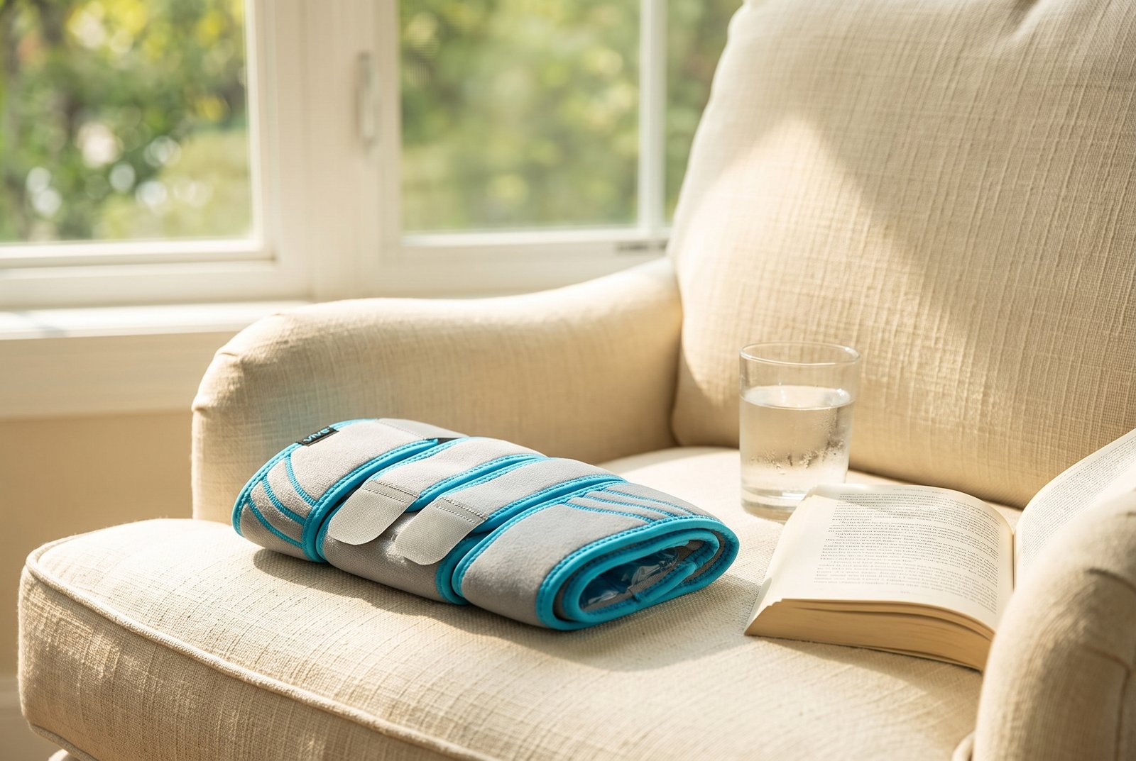 Vive knee ice pack wrap on the cushion of a sunny armchair beside a glass of water
