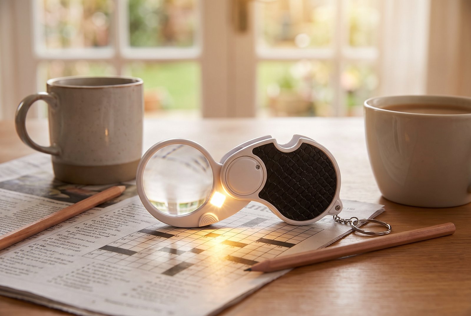 TECHSHARE lighted folding pocket magnifier open on a newspaper crossword beside coffee