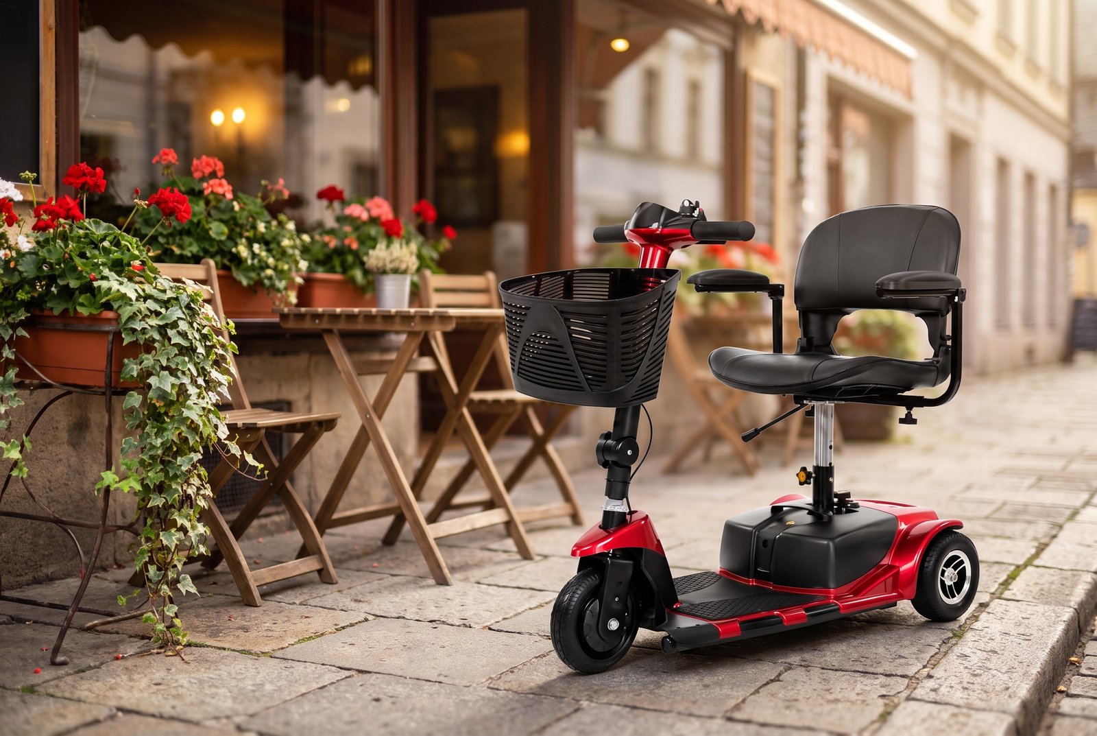 Vive 3-wheel mobility scooter parked on a sunny sidewalk outside a small cafe