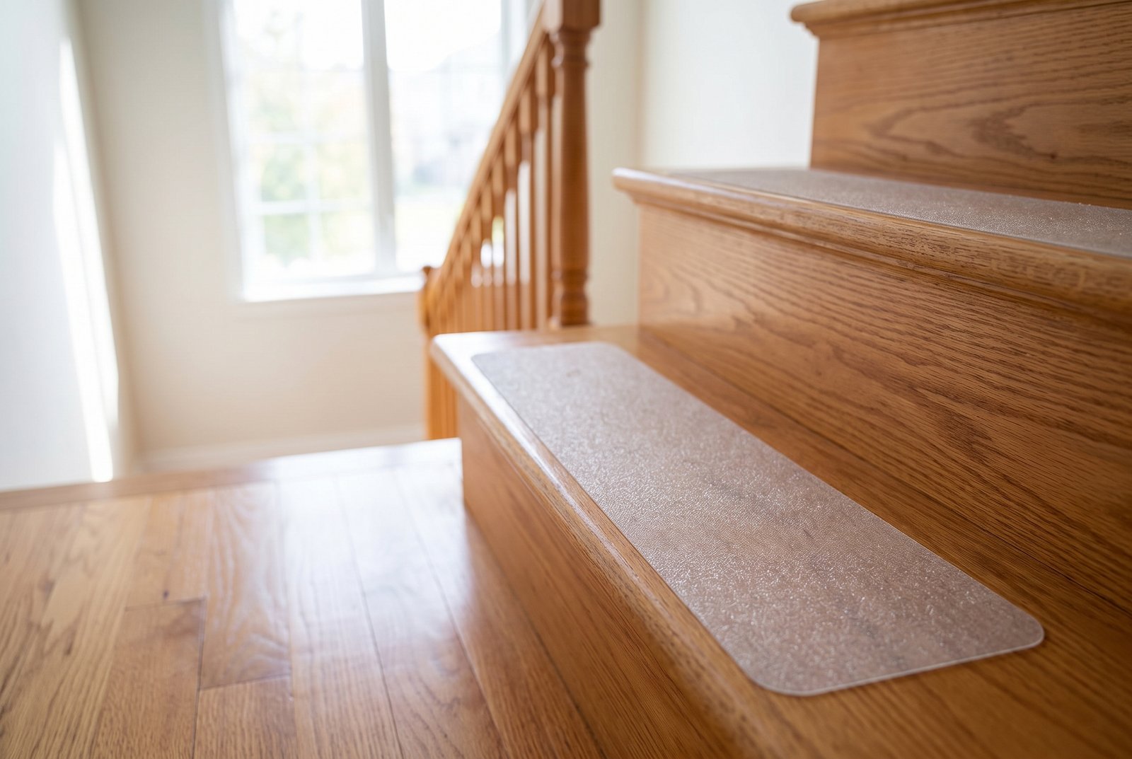 Clear non-slip stair treads applied to polished hardwood stairs in a bright home hallway