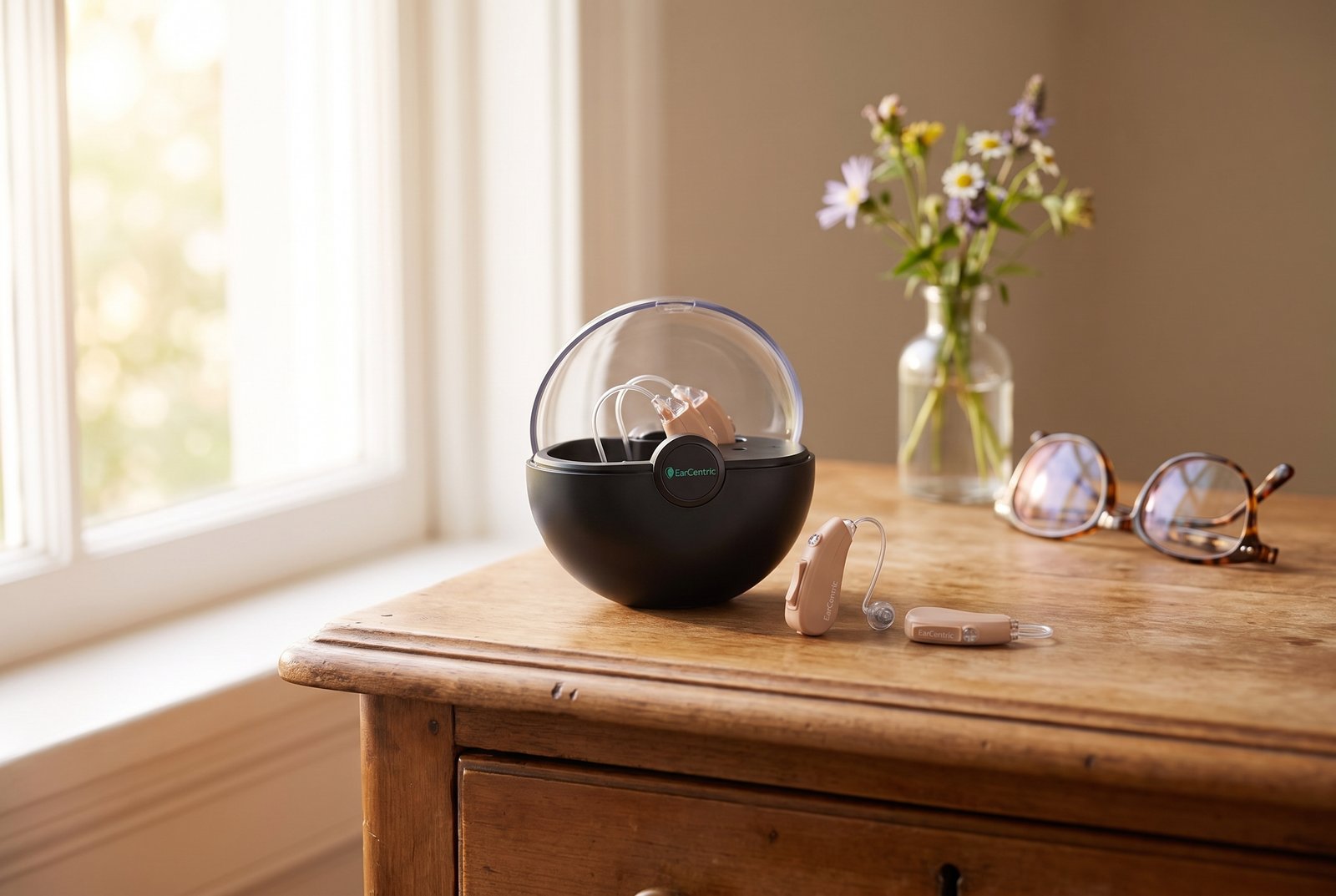 EarCentric EasyCharge rechargeable hearing aids on a dresser in morning light