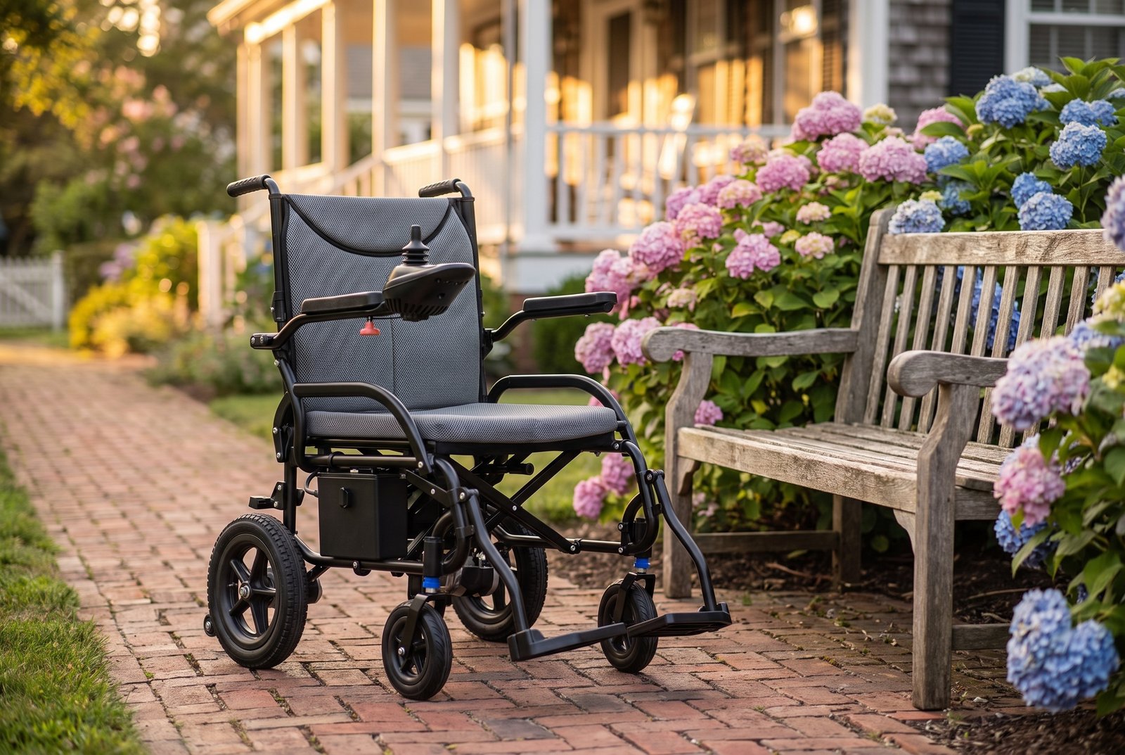 Vive ultra lightweight folding electric wheelchair on a brick garden path beside hydrangeas