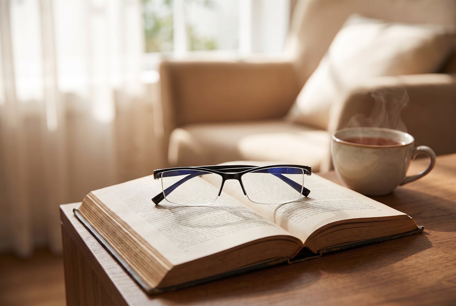 AIMISUV reading glasses folded on an open book beside a cup of tea in a sunlit reading nook