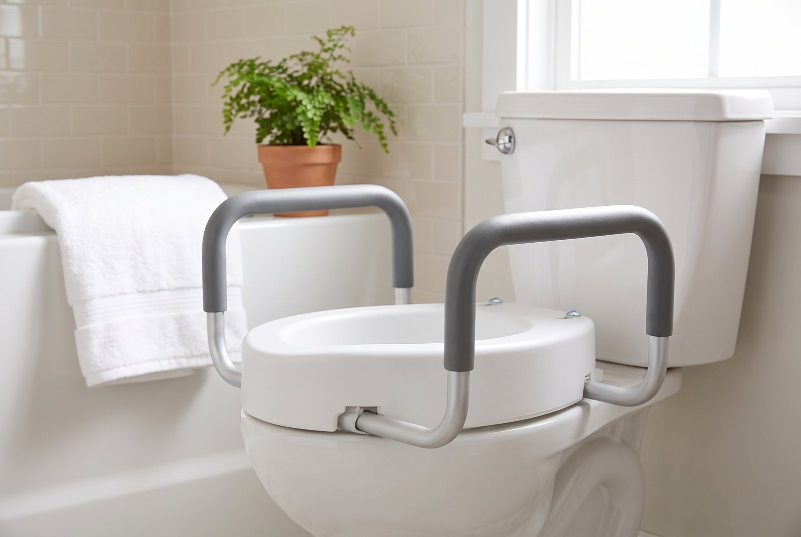 Vive raised toilet seat riser with handles fitted on a standard toilet in a bright bathroom