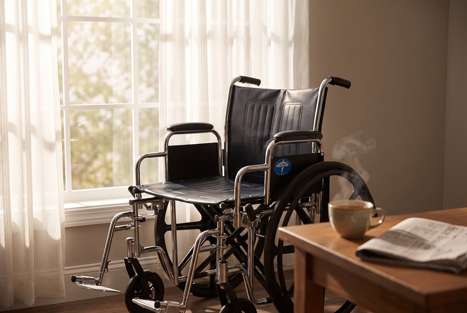 Medline Excel extra-wide bariatric wheelchair beside a sunny living room window