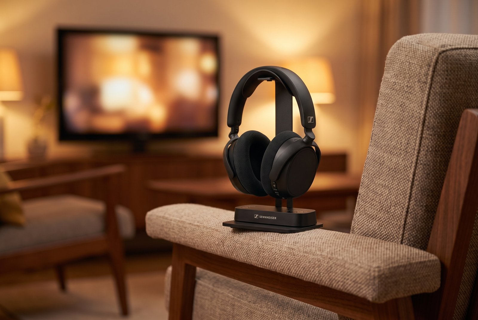 Sennheiser RS 275 wireless TV headphones on their charging dock beside an armchair with the television on