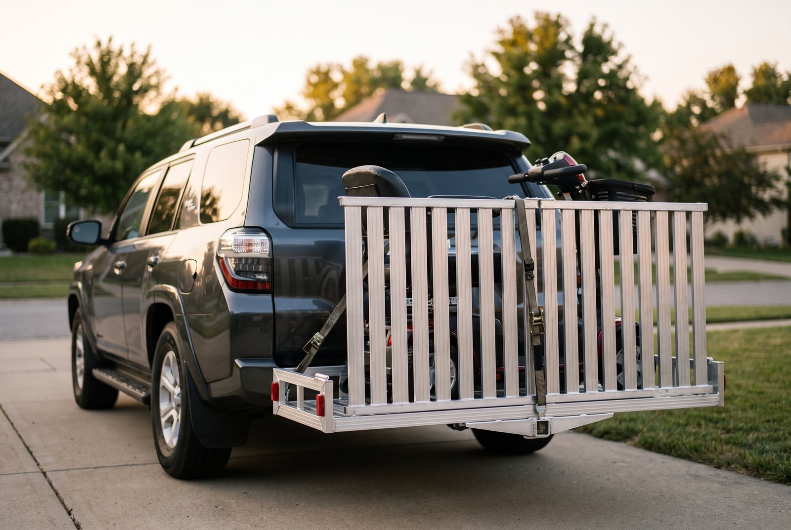 MaxxHaul hitch-mount wheelchair and scooter carrier on the back of an SUV in a driveway