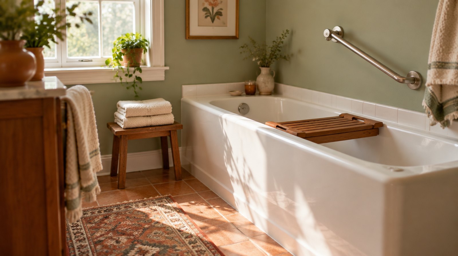 A home bathroom with a grab bar beside the tub