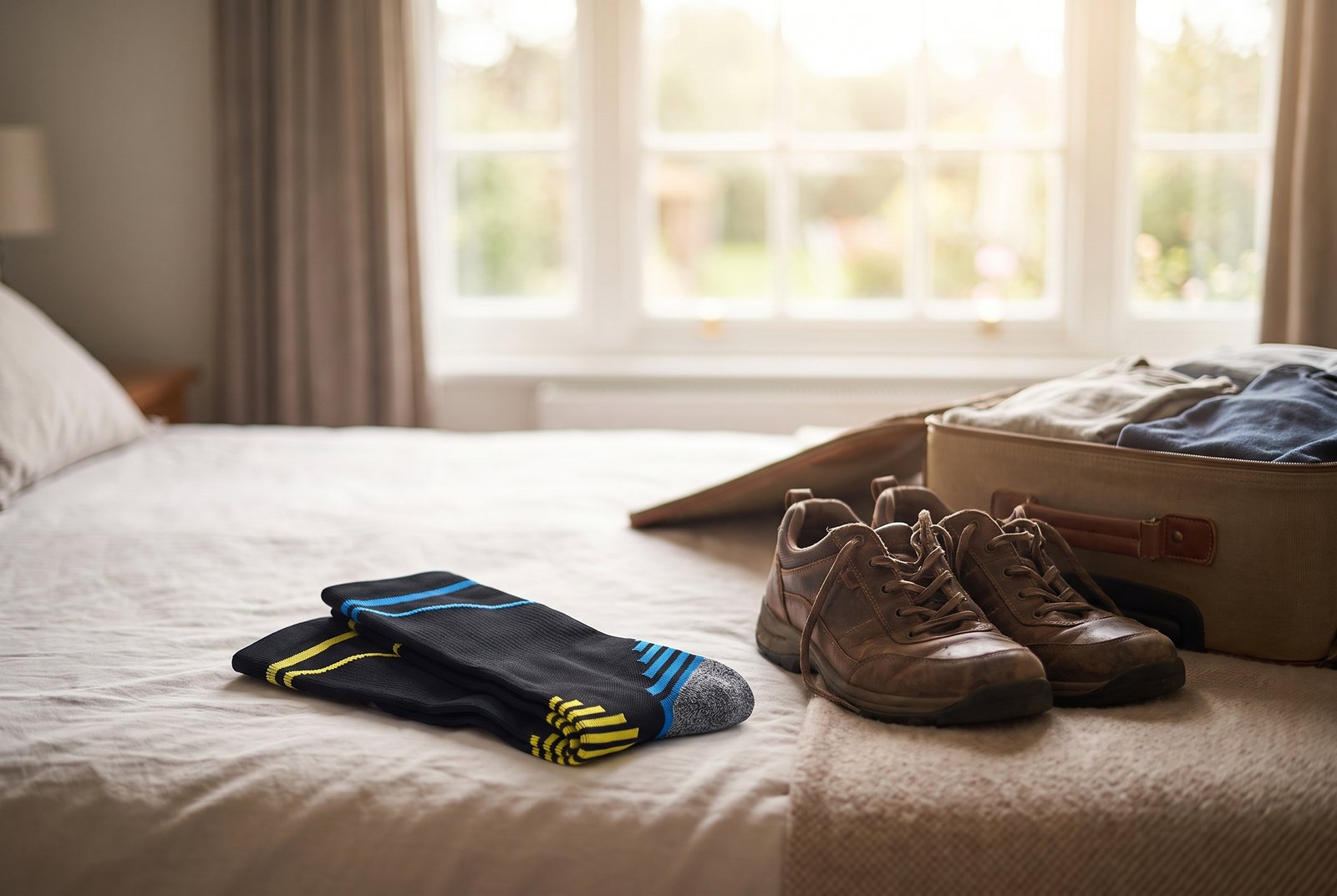 Graduated compression socks folded on a made bed beside walking shoes and a suitcase